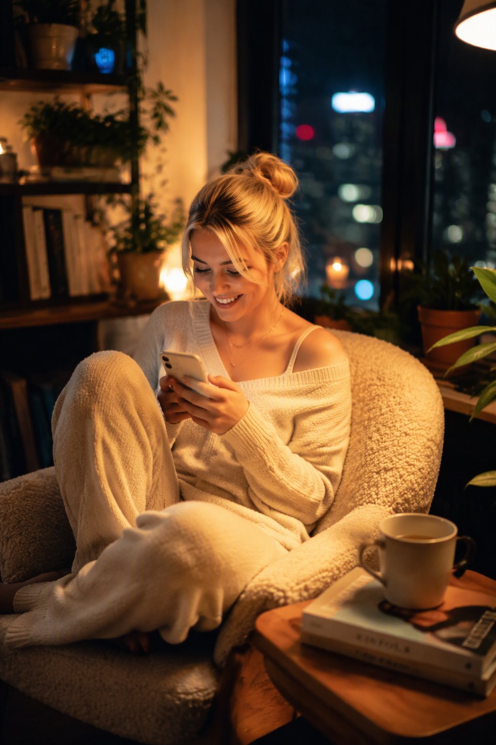 A woman in an armchair with her phone and tea, a warm evening