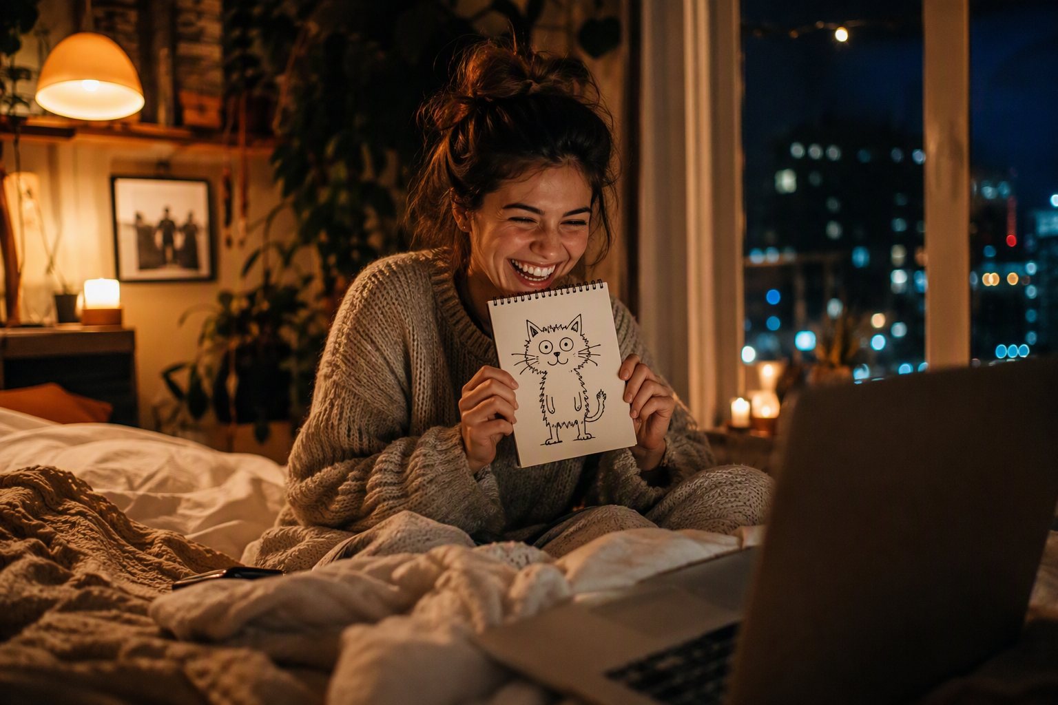 A woman laughs and holds a drawing of a cat up to her laptop