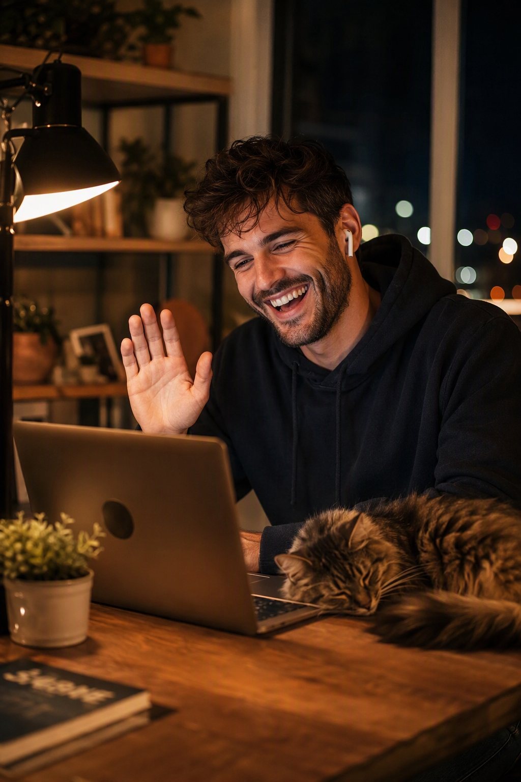 A man waves on a video call, a cat asleep beside him