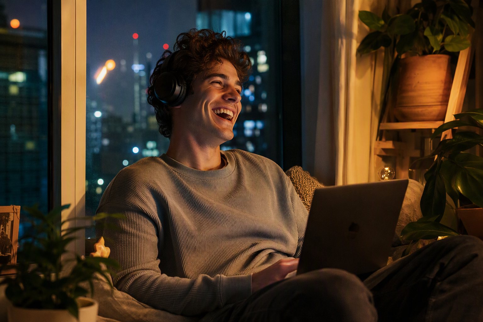 A man in headphones by a window over the night city laughs on a call