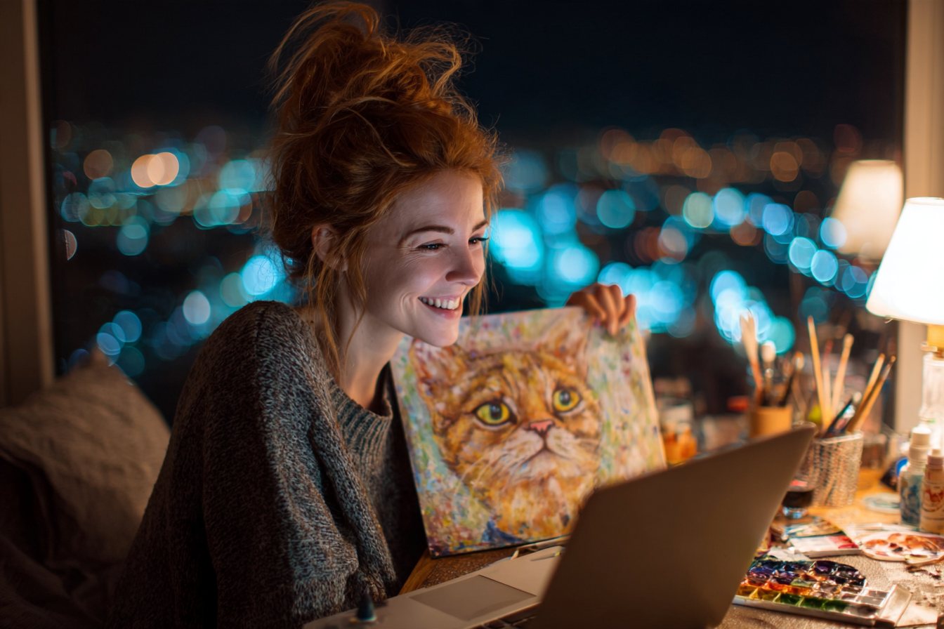 Anya shows a watercolour of a cat